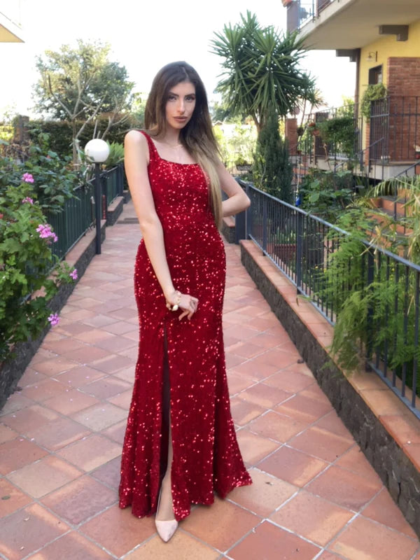 DingJiDress Sexy Fitted Square Sleeveless Long Floor Length Velvet Sequin Prom Dress
