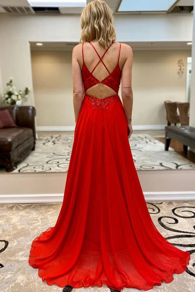 DingJiDress A Line Prom Dresses V-Neck Open Back Beaded Bodice Floor Length