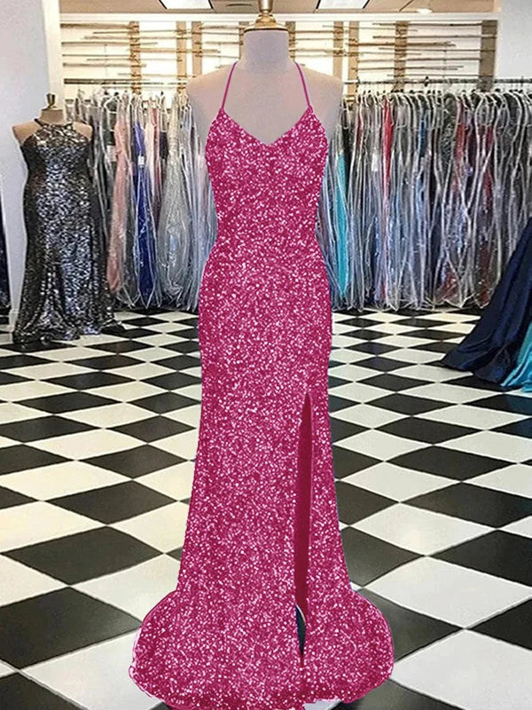 DingJiDress Sheath V-Neck Sleeveless Long Sweep Train Velvet Sequin Prom Dress