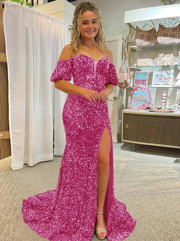 DingJiDress Sheath Off the Shoulder Short Sleeves Long Velvet Sequin Prom Dress