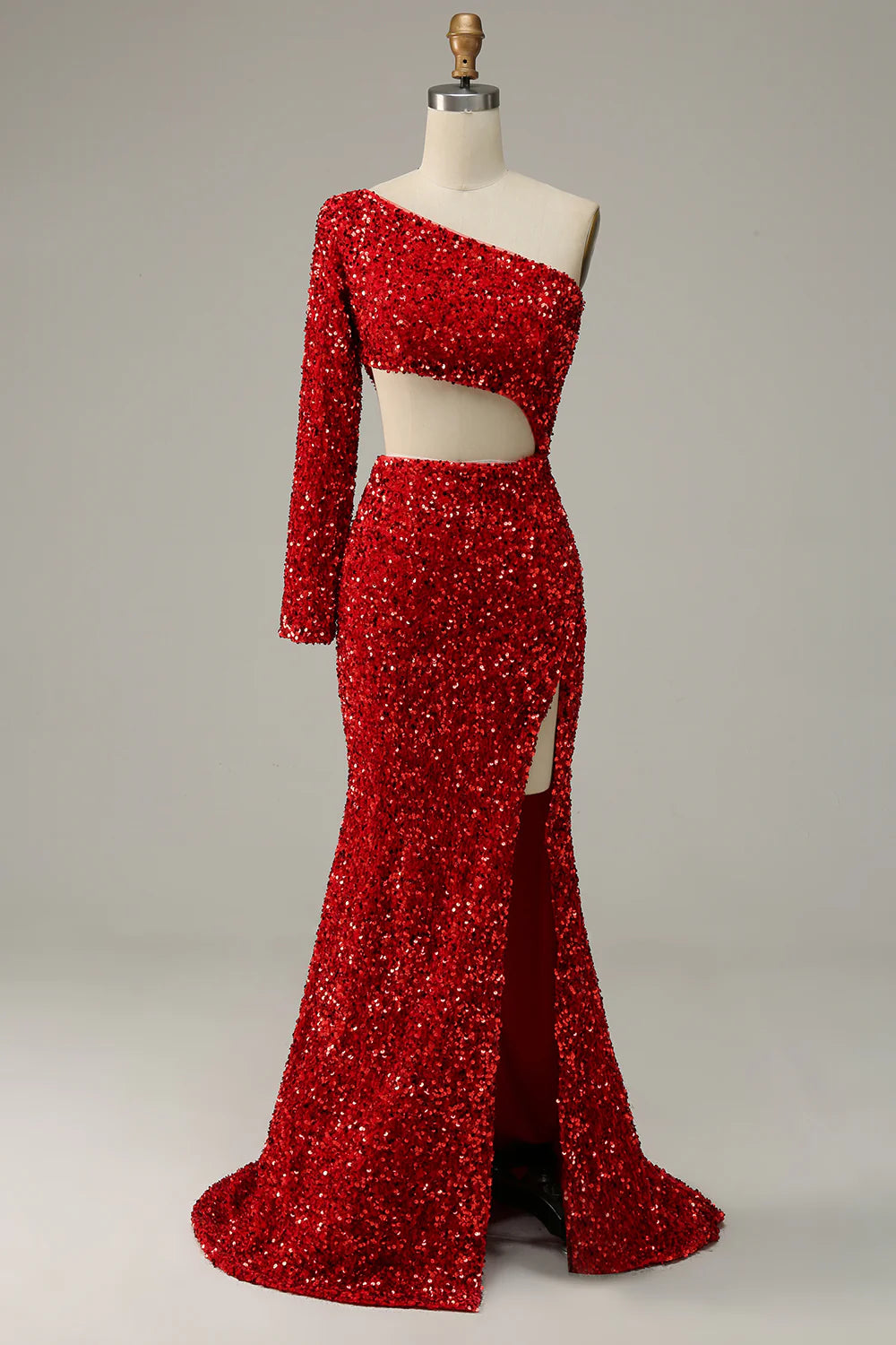 DingJiDress Mermaid One Shoulder Red Sequins Cut Out Prom Dress with Slit Front