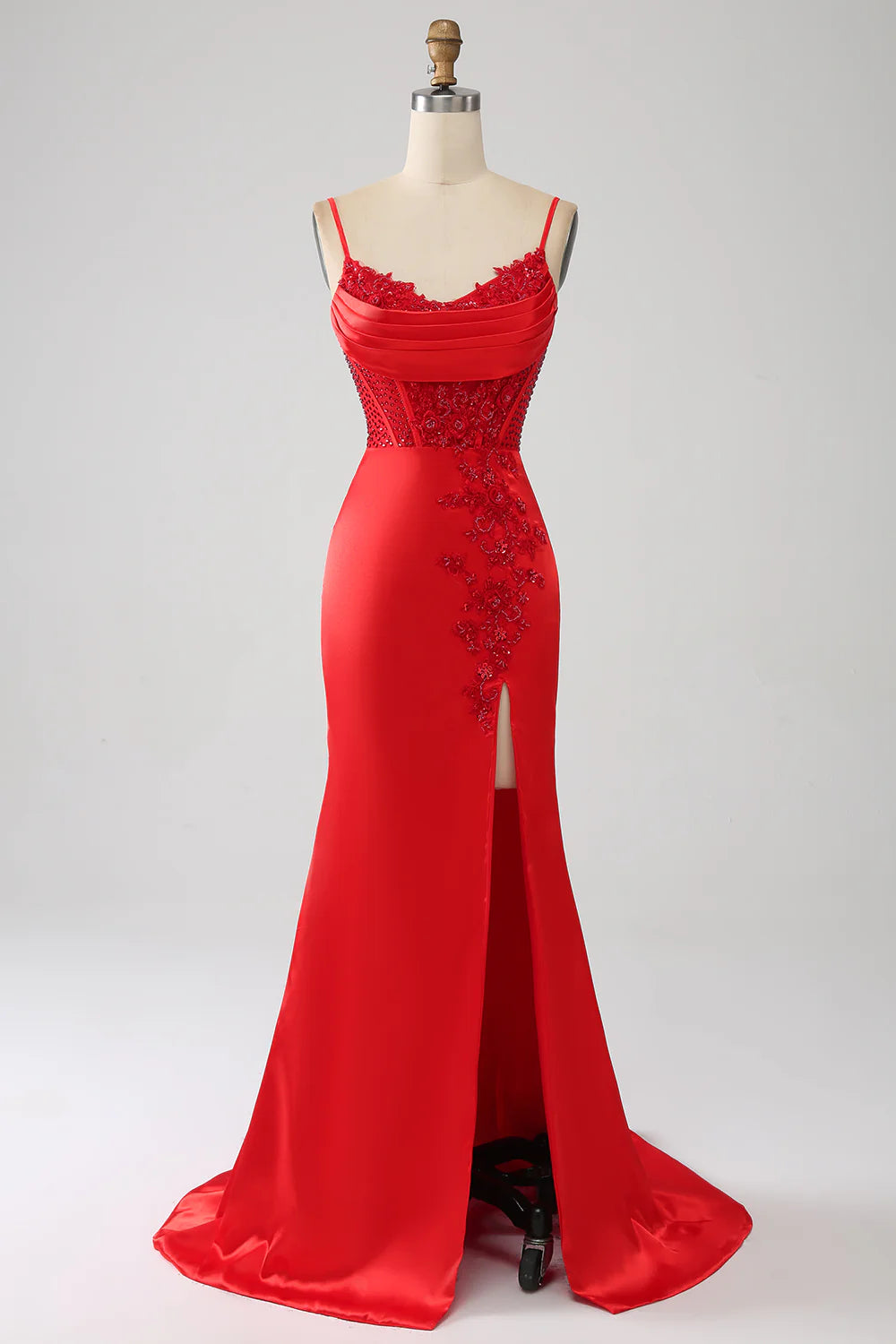 DingJiDress Satin Mermaid Beaded Red Prom Dress with Slit
