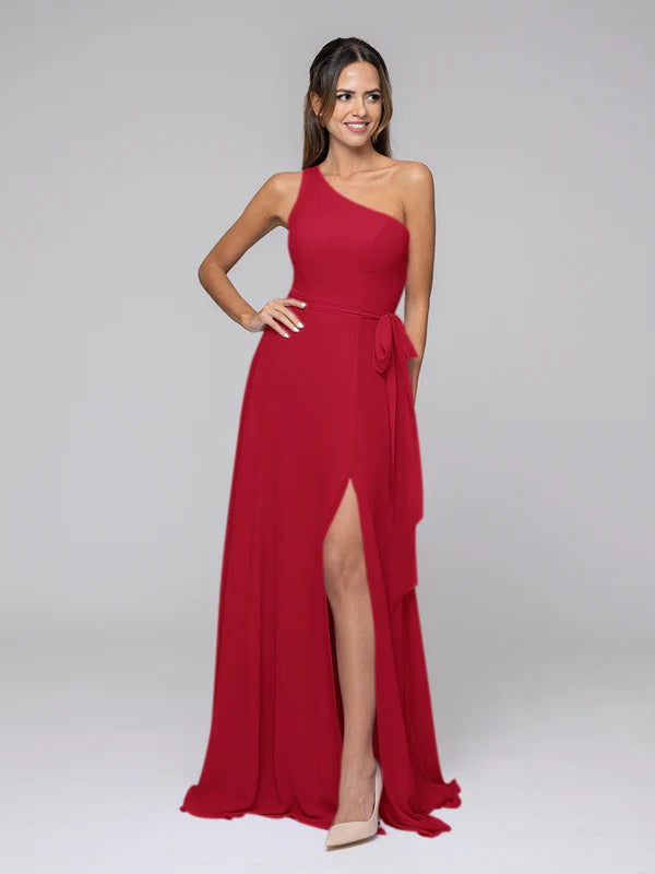 DingJiDress One Shoulder Slit Chiffon Bridesmaid Dresses With Sash Bridesmaid Dresses