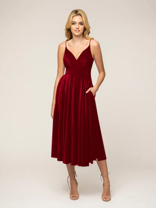 DingJiDress Spaghetti Strap A Line Tea Length Velvet Dress Bridesmaid Dresses