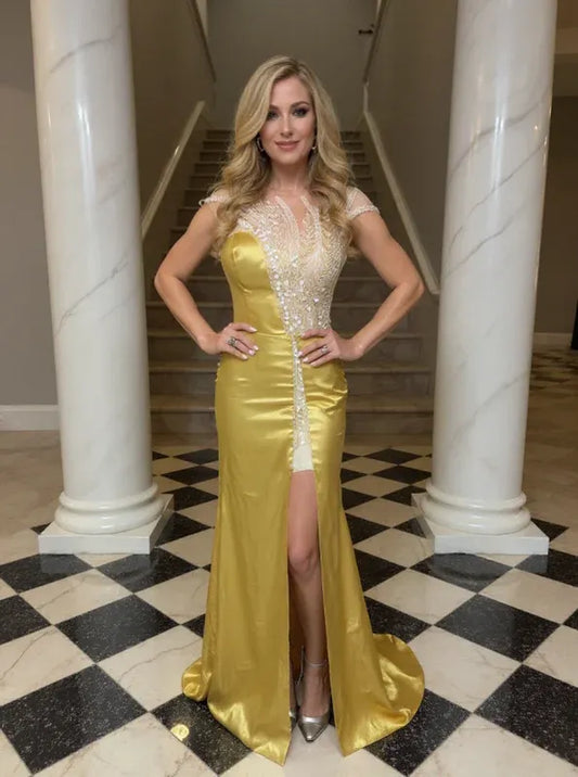 Regal Mermaid Round Neck Short-Sleeve Beaded Gold Maxi Evening Dress for Women Ready to Ship