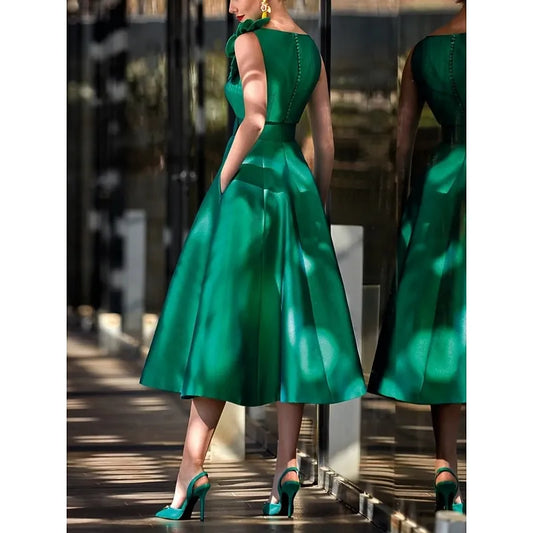 Retro A-line V-neck Sleeveless Floral-embellished Emerald Green Midi Prom Dress With Pocket Ready to Ship
