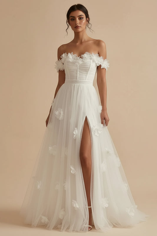 Romantic A-Line Off-Shoulder 3D Floral White Maxi Wedding Dress With Slit