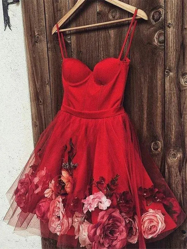 mini red homecoming dresses Romantic A-Line Spaghetti Straps Flowers Tulle Red Mini Homecoming Dre –  DingJiDress