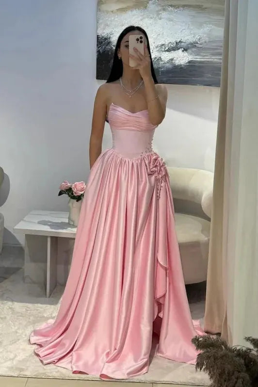 Romantic A-Line Strapless Sleeveless Beaded Baby Pink Maxi Prom Dress for Women Custom