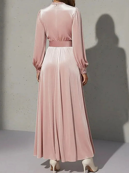 Romantic A-Line V-Neck Long Sleeve Blush Pink Maxi Prom Dress for Women Hot Sale