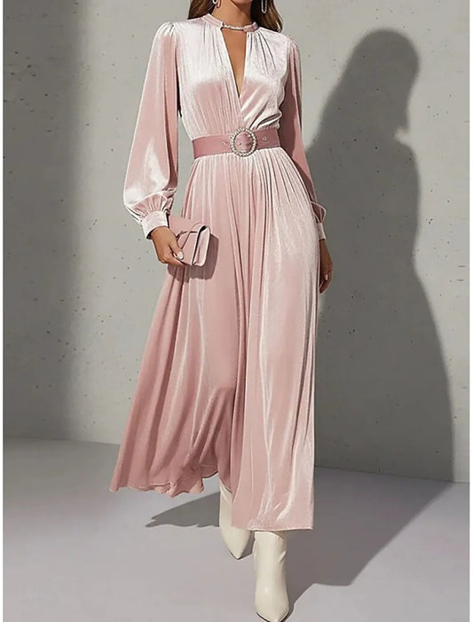 Romantic A-Line V-Neck Long Sleeve Blush Pink Maxi Prom Dress for Women Hot Sale