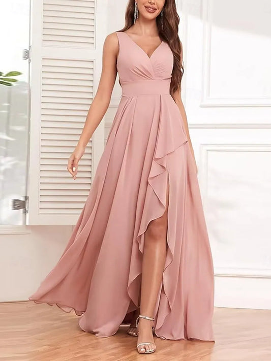 Romantic A-Line V-Neck Sleeveless Ruffled Blush Pink Maxi Prom Dress for Women Ready to Ship
