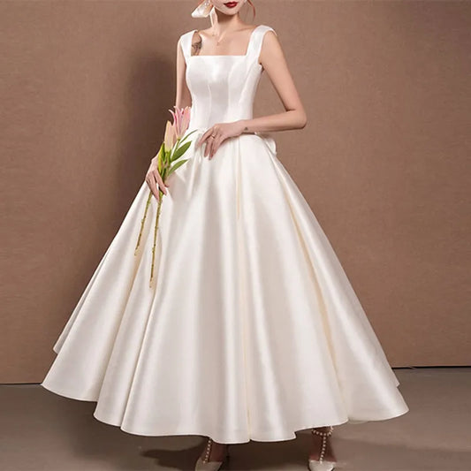 Romantic A-line Square Neck Sleeveless Bow-embellished Ivory Maxi Prom Dress for Women Custom