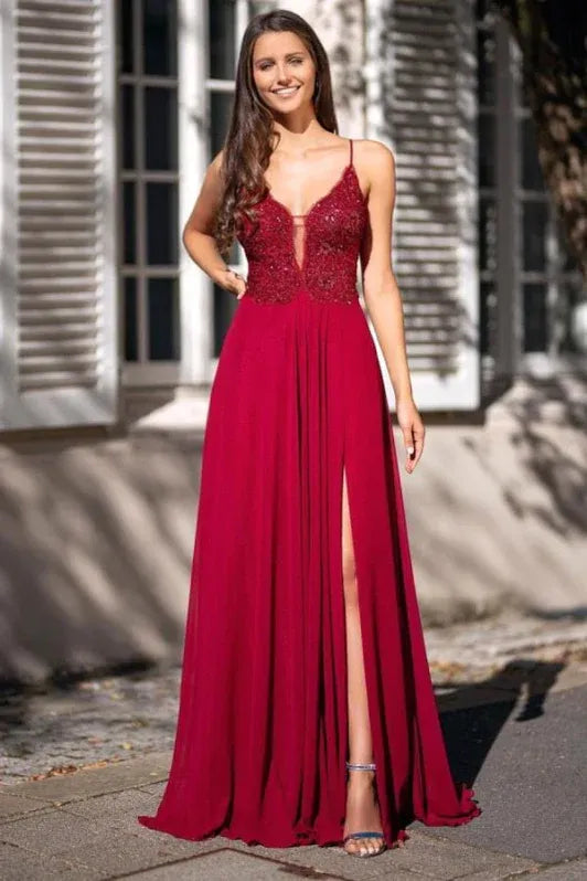 Romantic A-line V-neck Sleeveless Beaded Burgundy Floor-length Prom Dress for Women Ready to Ship
