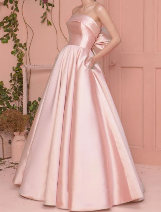 Romantic Ball-Gown Strapless Sleeveless Bow-Back Dusty Pink Floor-Length Prom Dress With Pocket