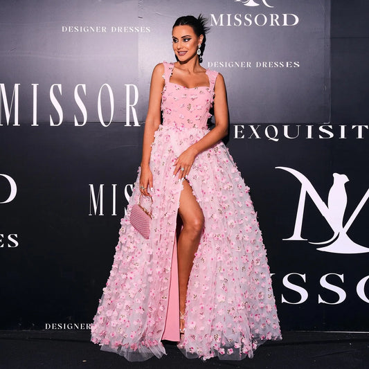 Romantic A-Line Square Neck 3D Floral Applique Pink Floor Length Evening Dress For Sale