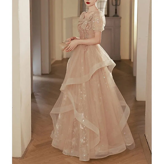 Romantic Ball Gown Square Neck Puff Sleeve Sequin Champagne Long Prom Dress For Women Hot Sale
