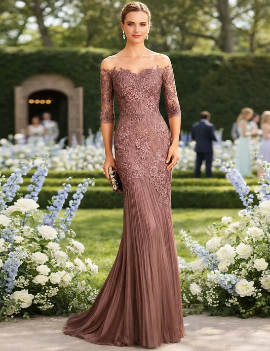 Romantic Mermaid Off-Shoulder 3/4 Sleeve Lace Applique Mocha Floor-Length Prom Dress For Women Ready To Ship