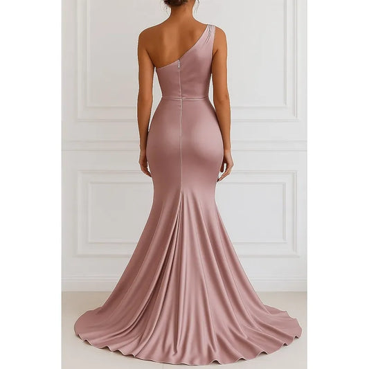 Romantic Mermaid One-Shoulder Sleeveless Ruched Dusty Rose Floor-Length Prom Dress For Women Ready To Ship