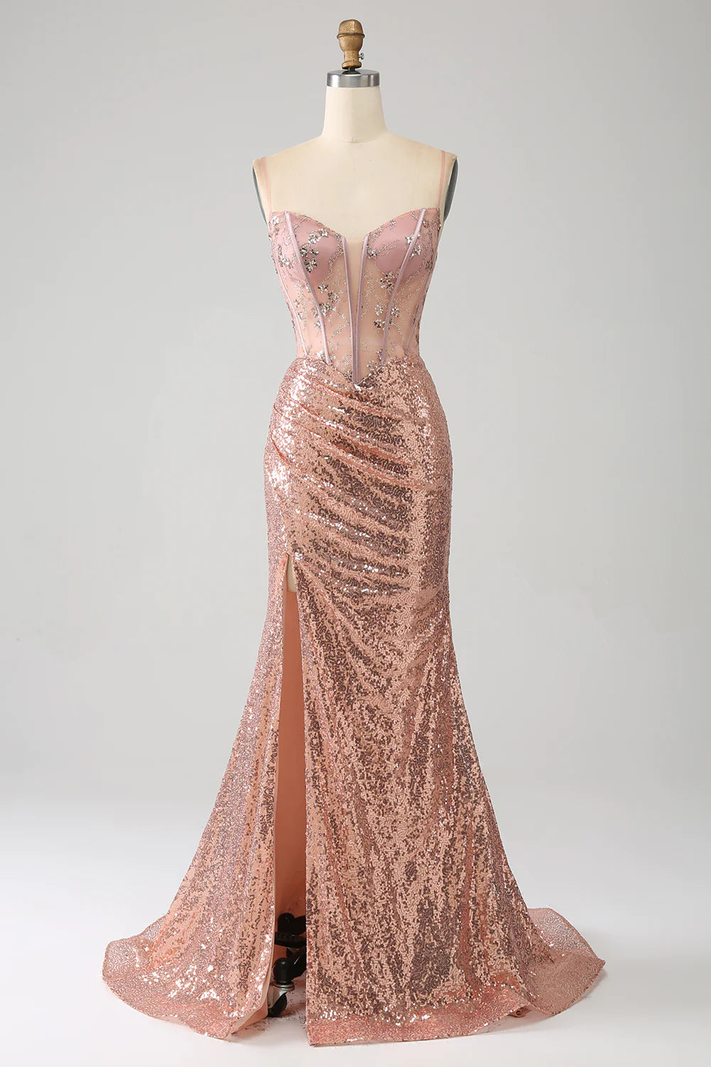 DingJiDress Rose Gold Mermaid Beaded Ruched Sequin Corset Prom Dress With Side Slit