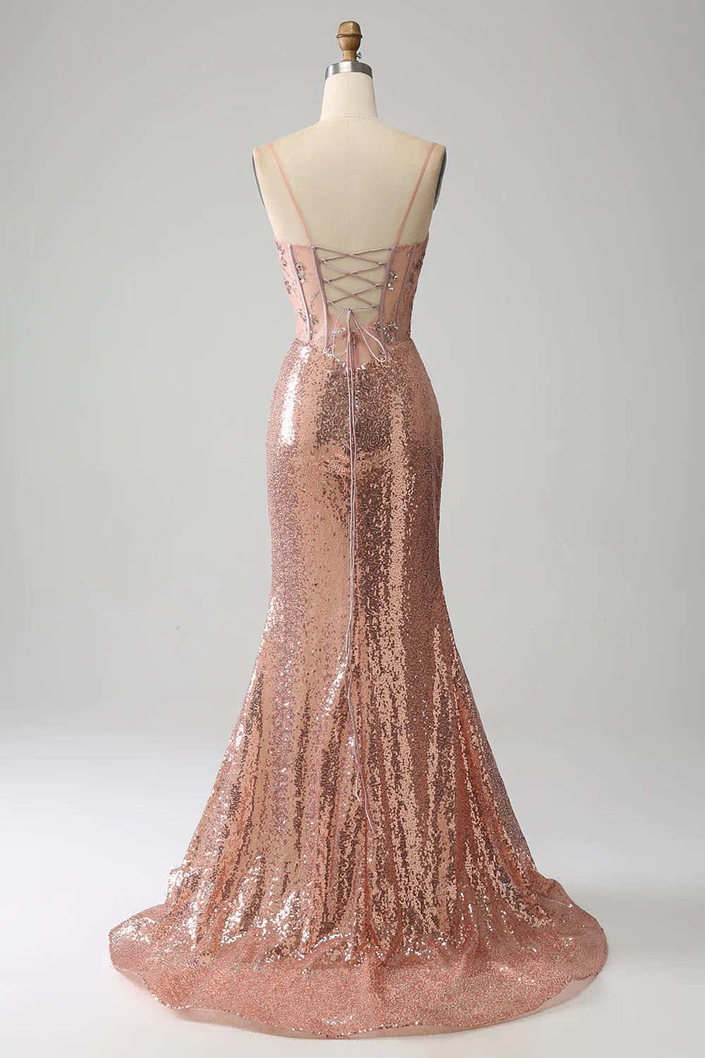 DingJiDress Rose Gold Mermaid Beaded Ruched Sequin Corset Prom Dress With Side Slit