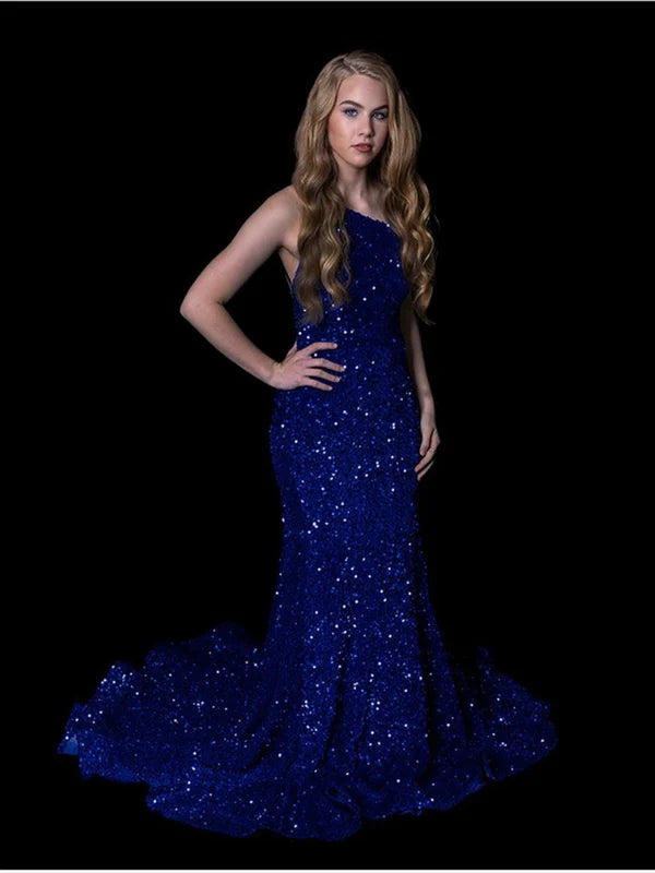 DingJiDress Mermaid Chapel Train One Shoulder Sequin Prom Dresses