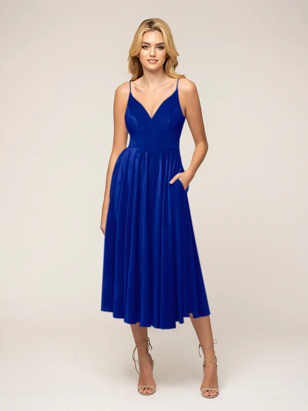DingJiDress Spaghetti Strap A Line Tea Length Velvet Dress Bridesmaid Dresses