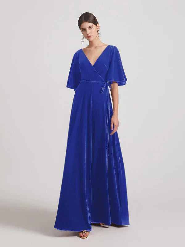 DingJiDress Elbow Length Flutter Sleeve Velvet Maxi Bridesmaid Dresses