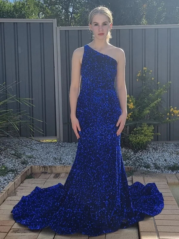 DingJiDress Mermaid Chapel Train One Shoulder Sequin Prom Dresses