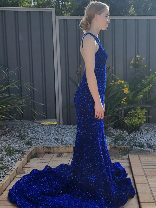 DingJiDress Mermaid Chapel Train One Shoulder Sequin Prom Dresses