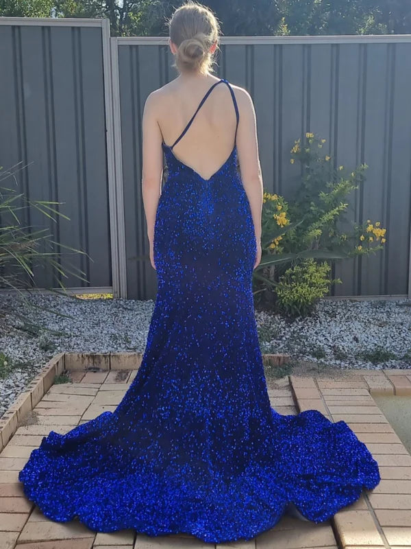 DingJiDress Mermaid Chapel Train One Shoulder Sequin Prom Dresses