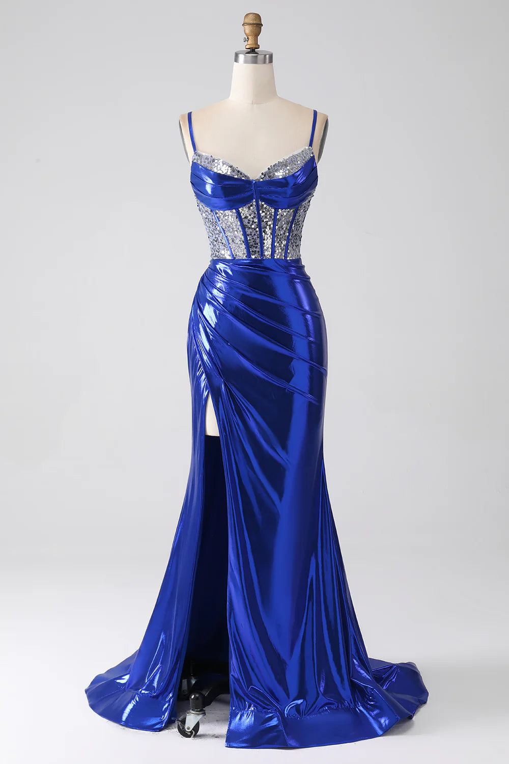 DingJiDress Royal Blue Mermaid Sparkly Sequin Pleated Corset Prom Dress With Slit