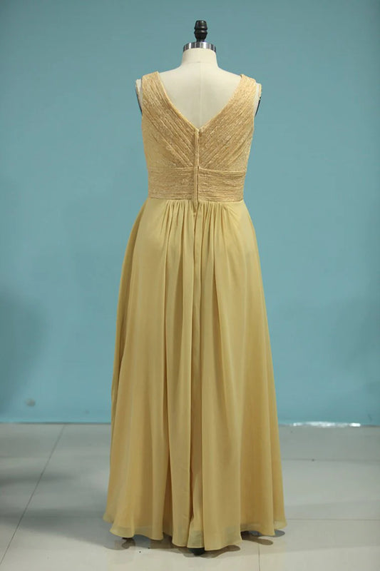 DingJiDress A Line With Ruffles Floor Length V Neck Bridesmaid Dresses Chiffon