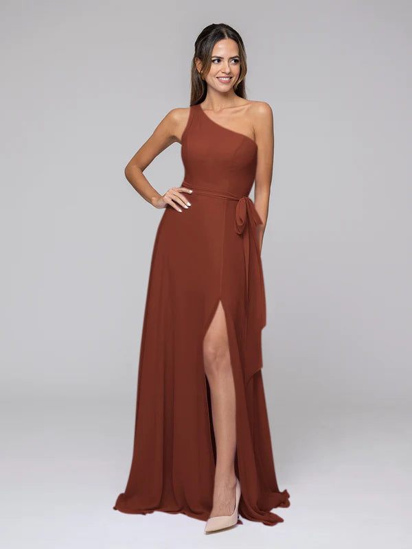 DingJiDress One Shoulder Slit Chiffon Bridesmaid Dresses With Sash Bridesmaid Dresses