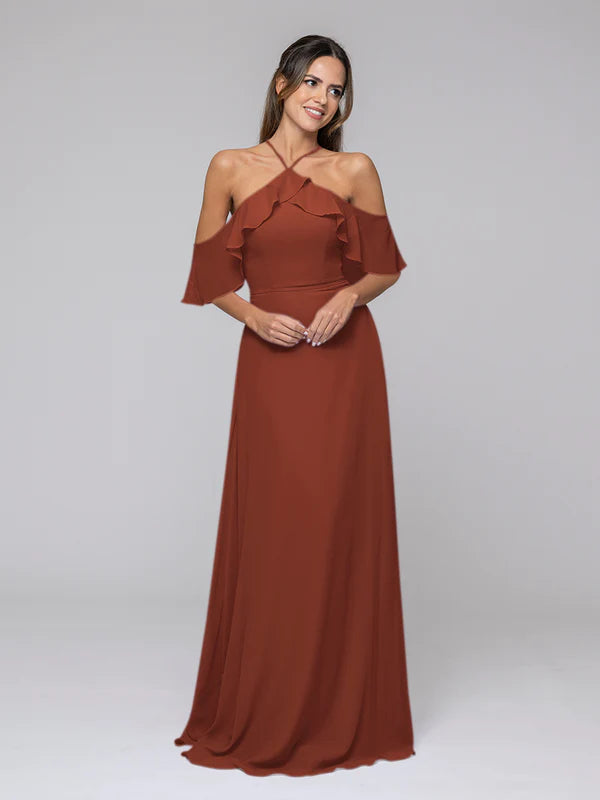 DingJiDress Halter Ruffles Off The Shoulder Chiffon Floor Length Bridesmaid Dresses