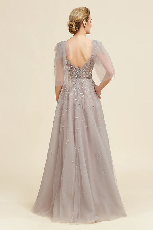 DingJiDress Elegant Dress For A Wedding Guest Grey A Line Beading Glitter Mother of Bride Dress