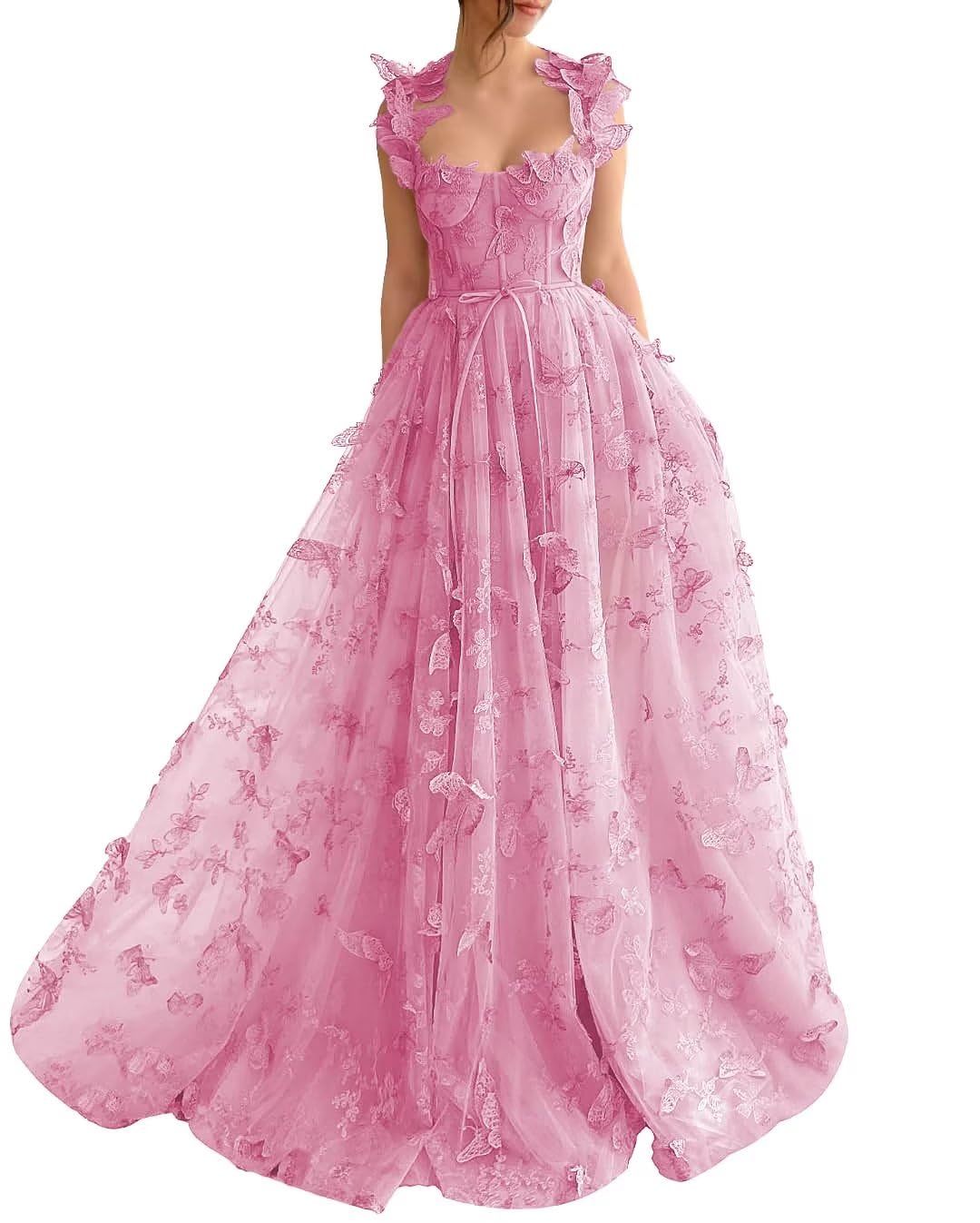 Long Tulle Prom Dress with 3D Butterflies Dress Ball Gown Evening Party Wedding Formal Dress Slit