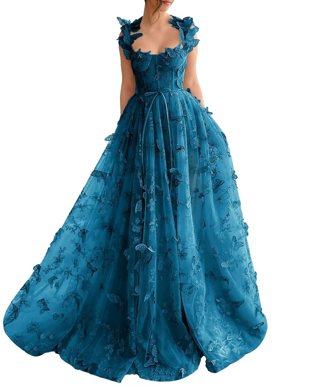 Long Tulle Prom Dress with 3D Butterflies Dress Ball Gown Evening Party Wedding Formal Dress Slit