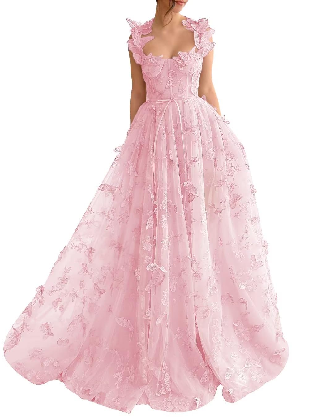 Long Tulle Prom Dress with 3D Butterflies Dress Ball Gown Evening Party Wedding Formal Dress Slit