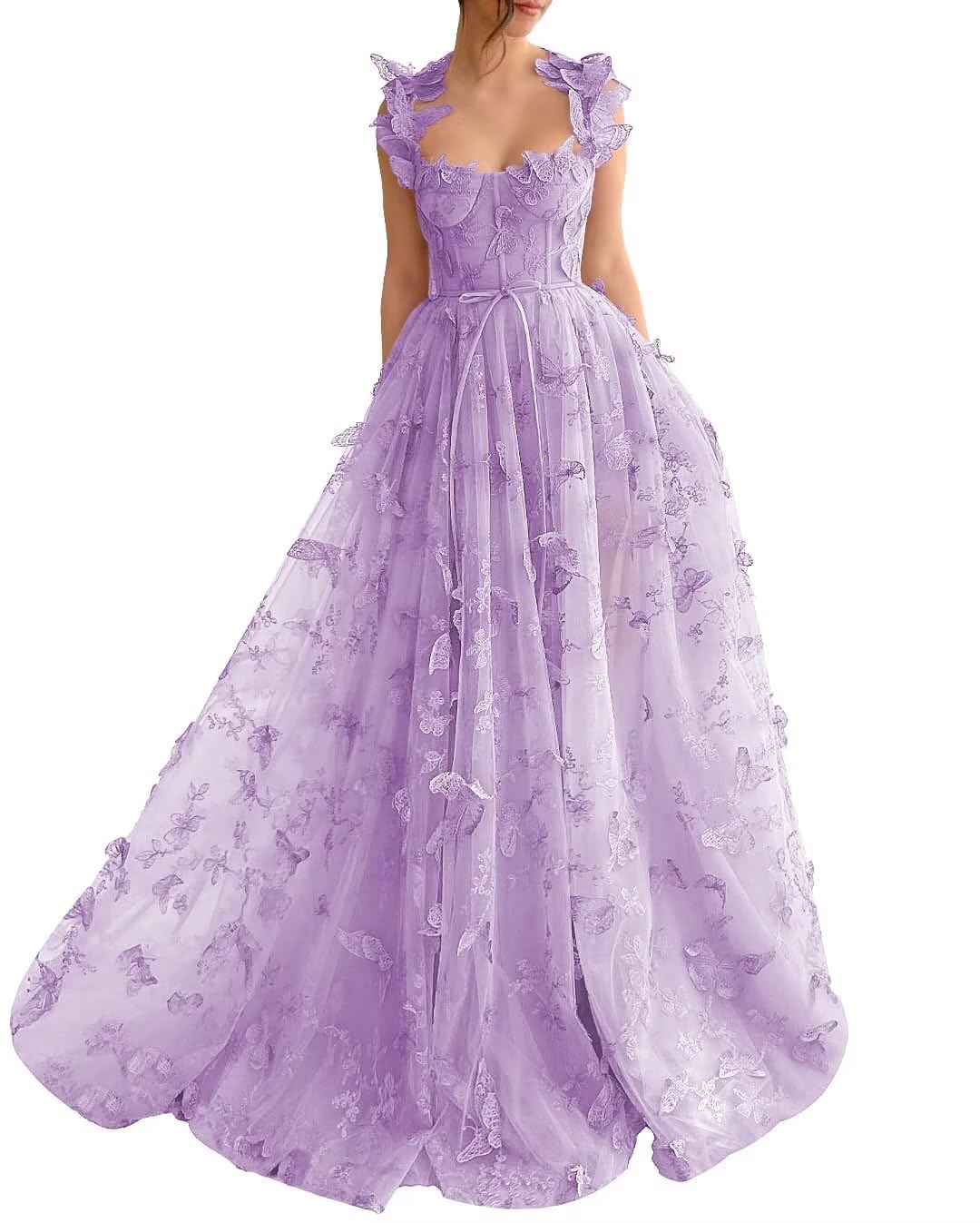 Long Tulle Prom Dress with 3D Butterflies Dress Ball Gown Evening Party Wedding Formal Dress Slit