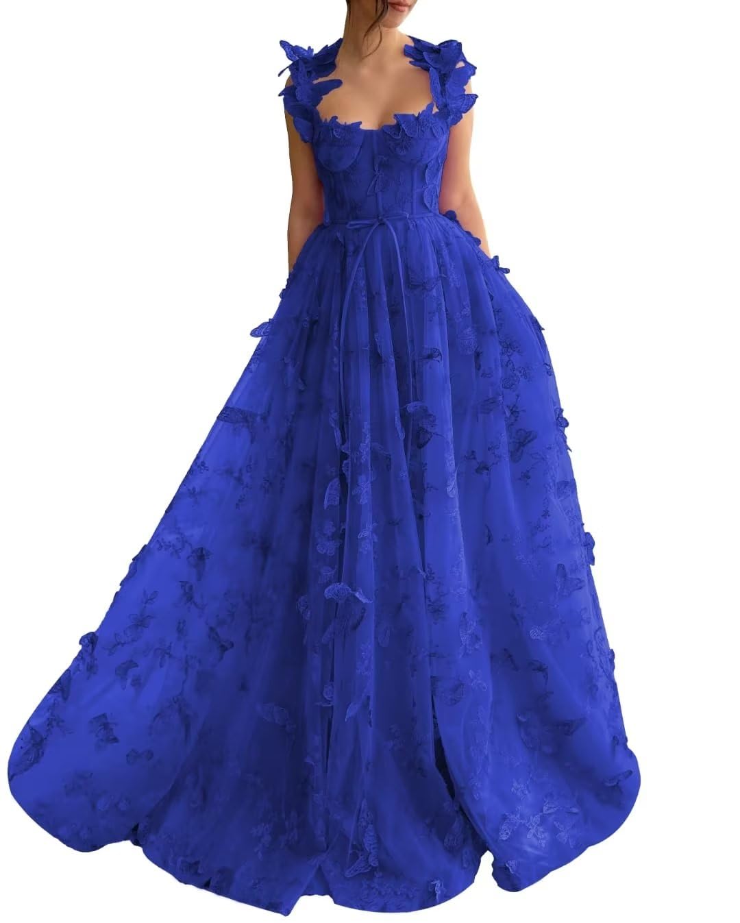 Long Tulle Prom Dress with 3D Butterflies Dress Ball Gown Evening Party Wedding Formal Dress Slit