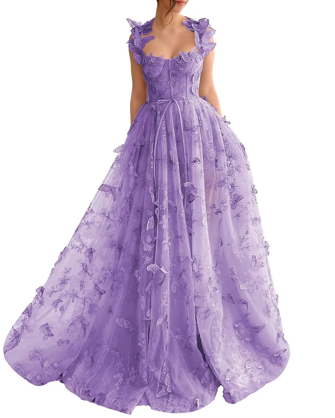 Long Tulle Prom Dress with 3D Butterflies Dress Ball Gown Evening Party Wedding Formal Dress Slit