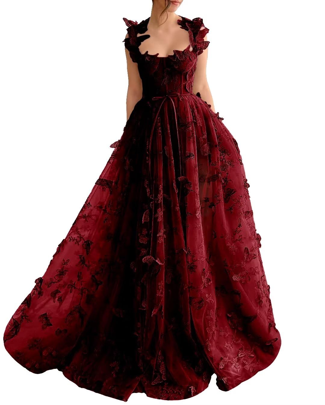 Long Tulle Prom Dress with 3D Butterflies Dress Ball Gown Evening Party Wedding Formal Dress Slit