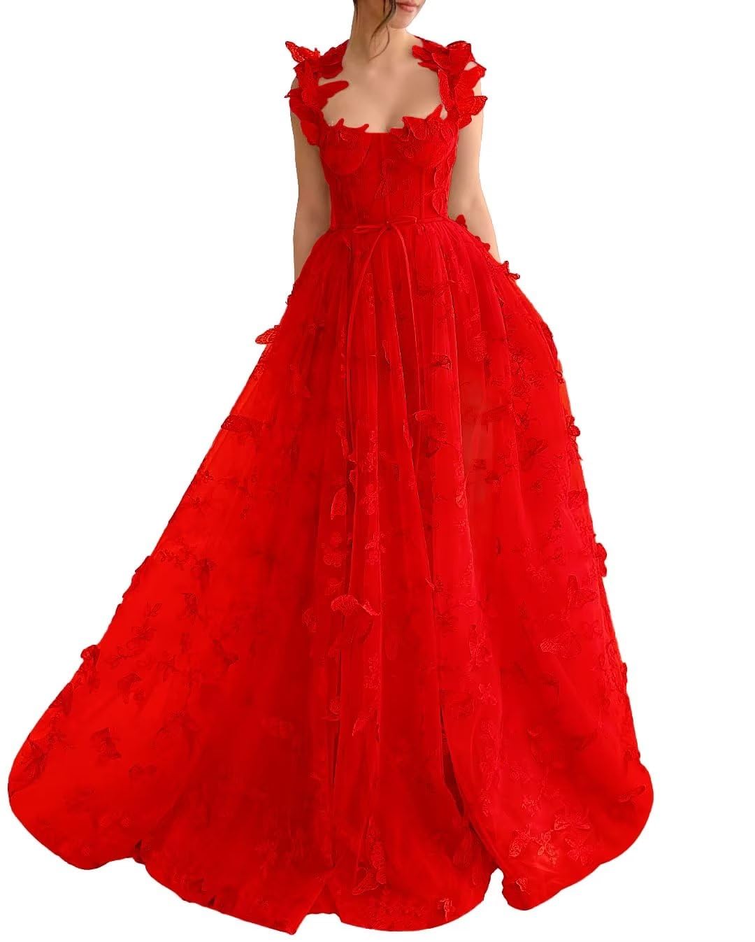 Long Tulle Prom Dress with 3D Butterflies Dress Ball Gown Evening Party Wedding Formal Dress Slit