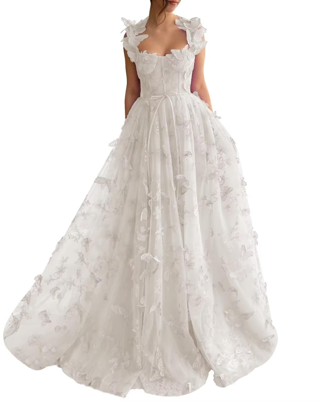 Long Tulle Prom Dress with 3D Butterflies Dress Ball Gown Evening Party Wedding Formal Dress Slit