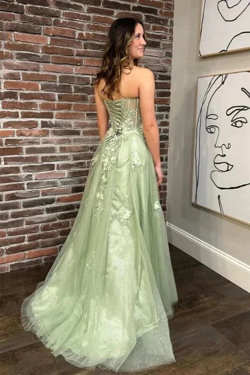 DingJiDress Sage Green Sweetheart Evening Dress Floral Lace Tulle Long Prom Dresses