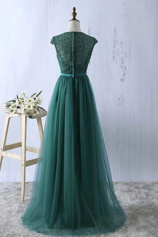 DingJiDress Prom Dresses Scoop Tulle & Lace With Sash A Line Sweep Train