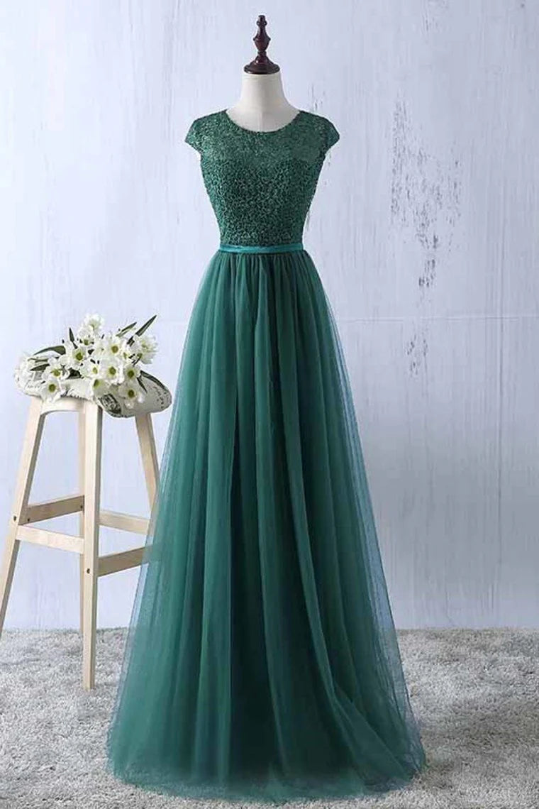 DingJiDress Prom Dresses Scoop Tulle & Lace With Sash A Line Sweep Train