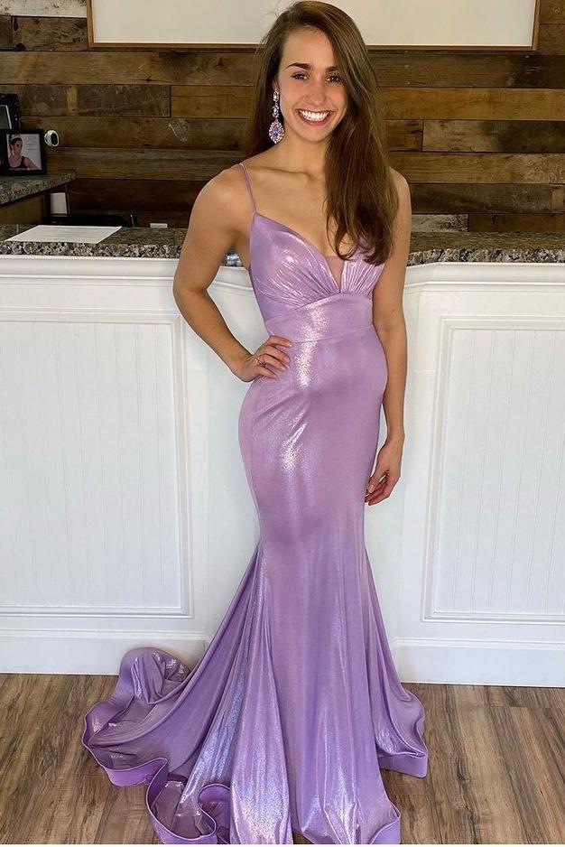 DingJiDress Prom Dresses Sexy Mermaid Straps V Neck Stretch Satin With Sweep Train