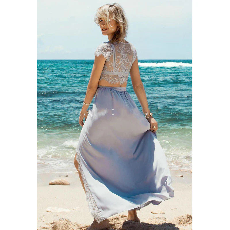 DingJiDress A-Line Prom Dresses Sexy Slit Two Piece Cheap Cap Sleeve Lace Scoop